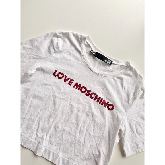 LOVE MOSCHINO White Cotton Jersey Logo Boxy Crew Neck T-Shirt, Size 2 - Picture 6 of 14